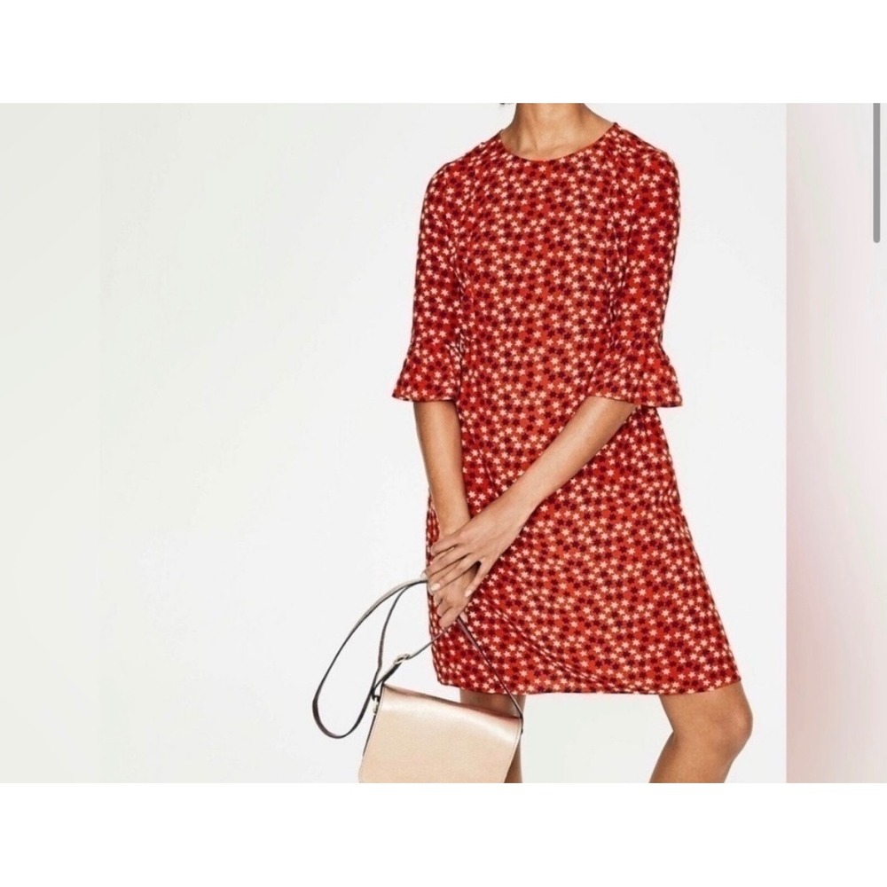 Boden Red Star Print Bell Sleeve Shift Dress US 8R Navy White Ruffle Mini